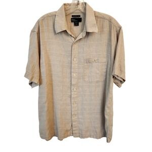 Marc Edwards Mens Linen‎ Blend Short Sleeve Button Up Shirt Beige Large
